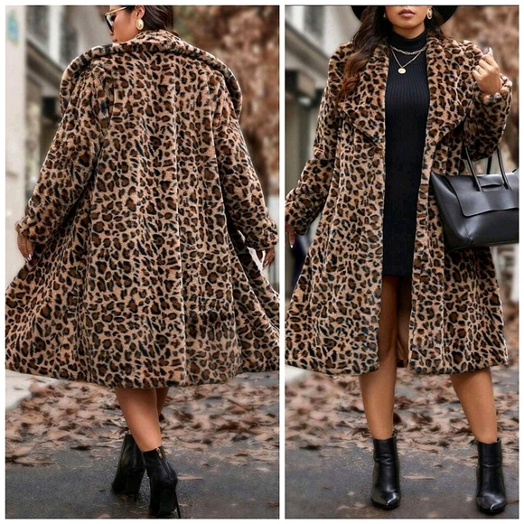 New Luxe Leopard Print Faux Fur Fluffy Coat Jacket PLUS Brown Black Tan - Picture 1 of 9